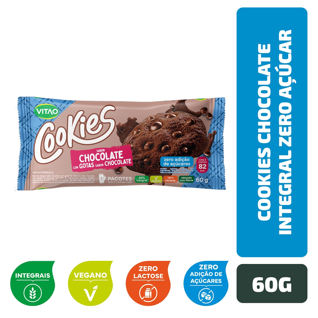 Cookies Chocolate Integral Zero Açúcar Vitao 60 g em Oferta na Shopee