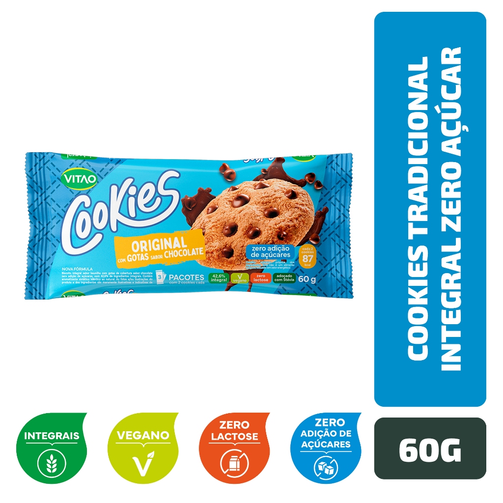 Cookies Tradicional Integral Zero Açúcar Vitao 60 g em Oferta na Shopee
