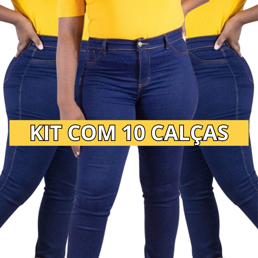 Kit 10 Calças Jeans Feminina Empina Bumbum Confortável Com Elastano Lycra Skinny Cintura Alta Azul