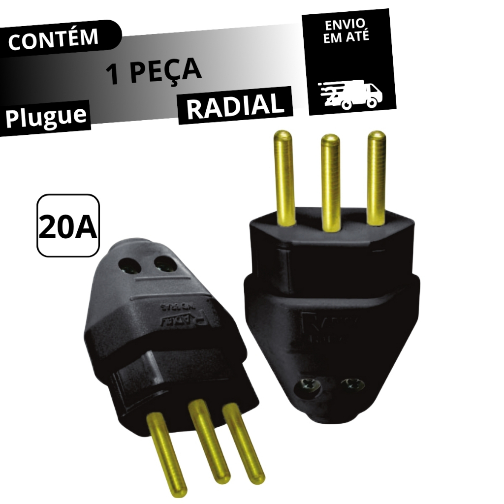 Plugue Macho Preto 20a 2P+T Pinos Maciços Radial 1501.135