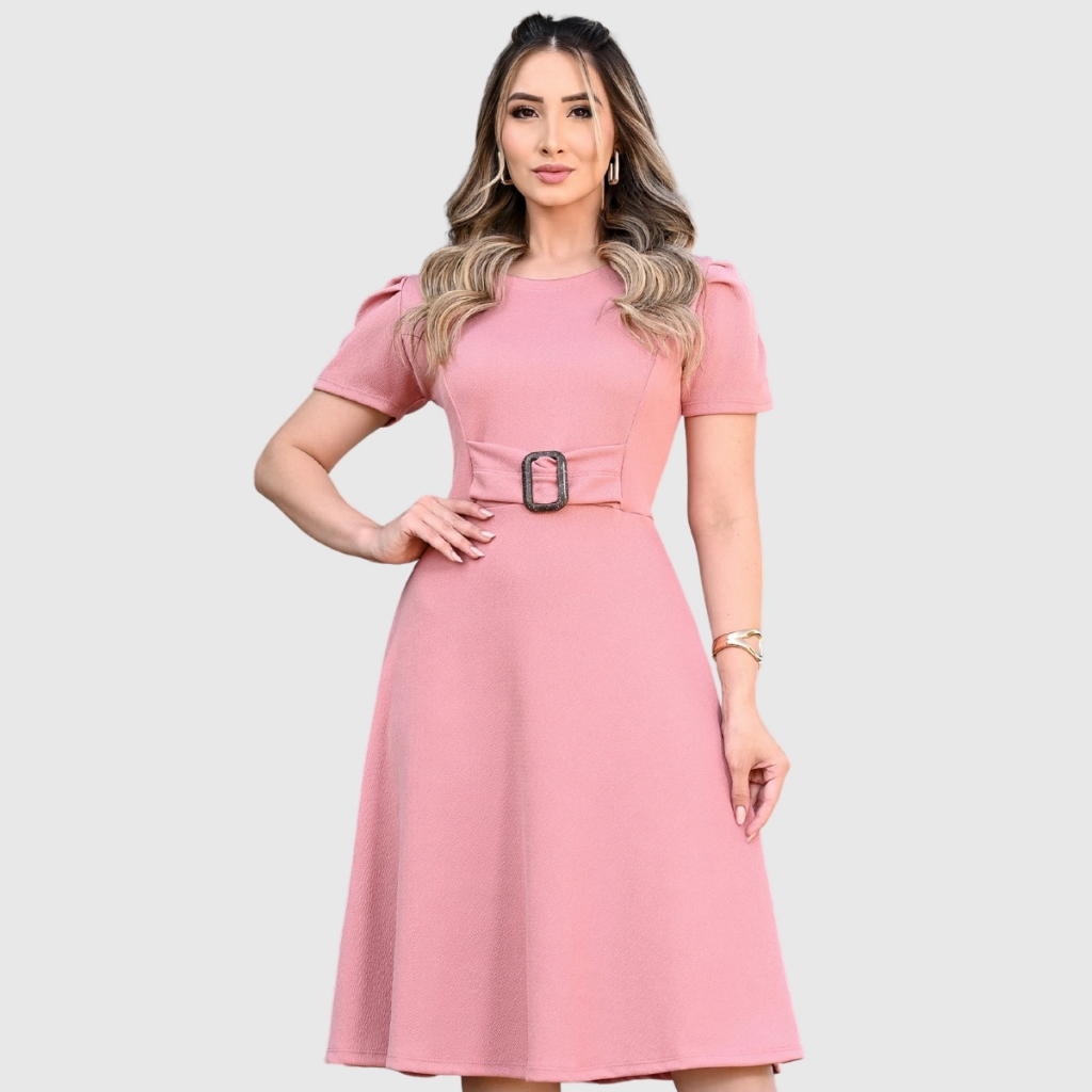 Vestido Feminino Elegante Evangélico Rodado Godê Midi com Gola Redonda e Manga Curta Com Cinto Chique Tendencia