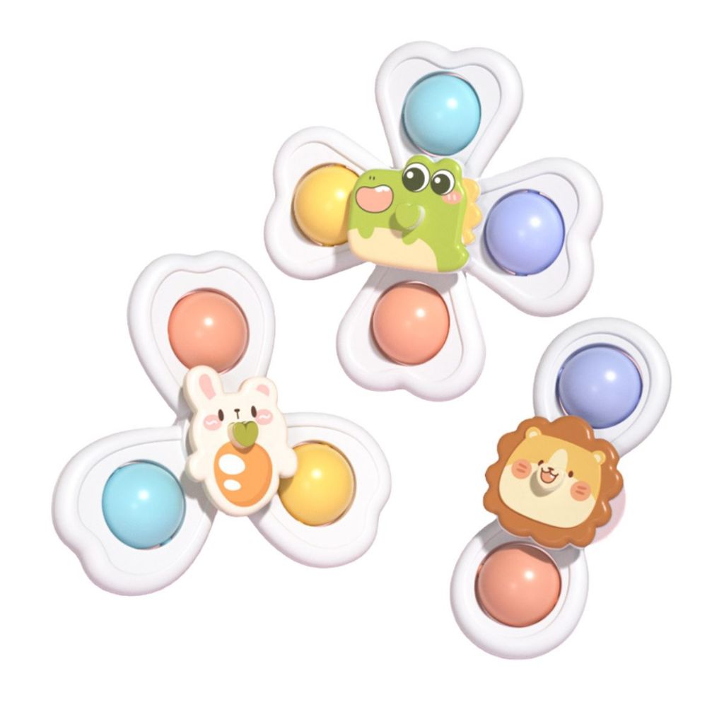 Brinquedo Sensorial Giratório com Ventosa  Kit 3 Spinners Bebê Dino, Coelho e Leão com  e Chocalho em Oferta na Shopee
