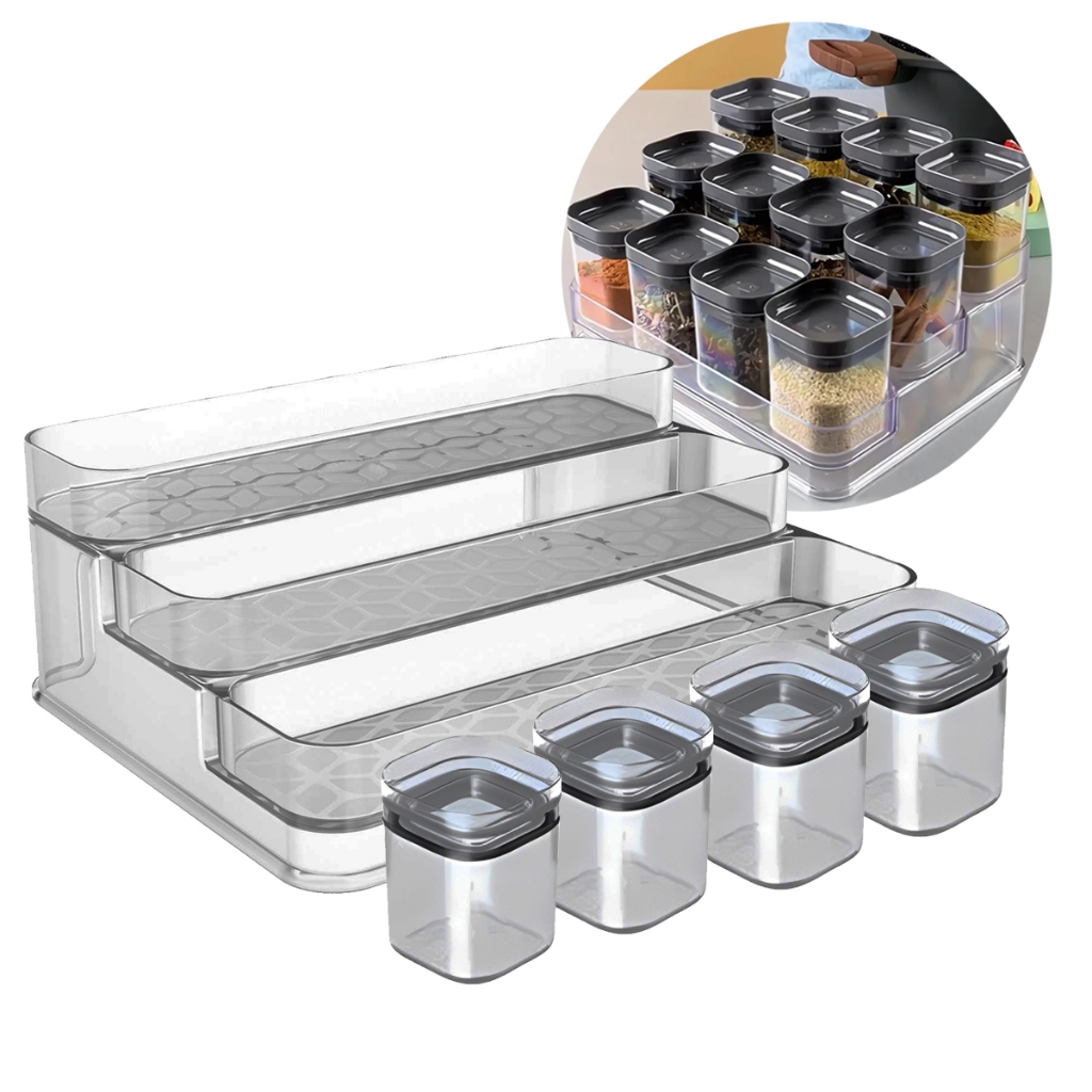 Kit Porta Temperos Organizador Com 4 a 12 Potes Herméticos Maquiagem Condimentos Cozinha