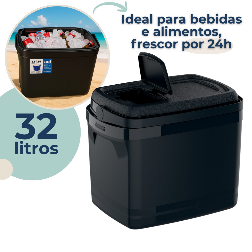 Caixa Térmica Cooler 32 Litros Preto com Abertura na Tampa Alça Grande Soprano em Oferta na Shopee