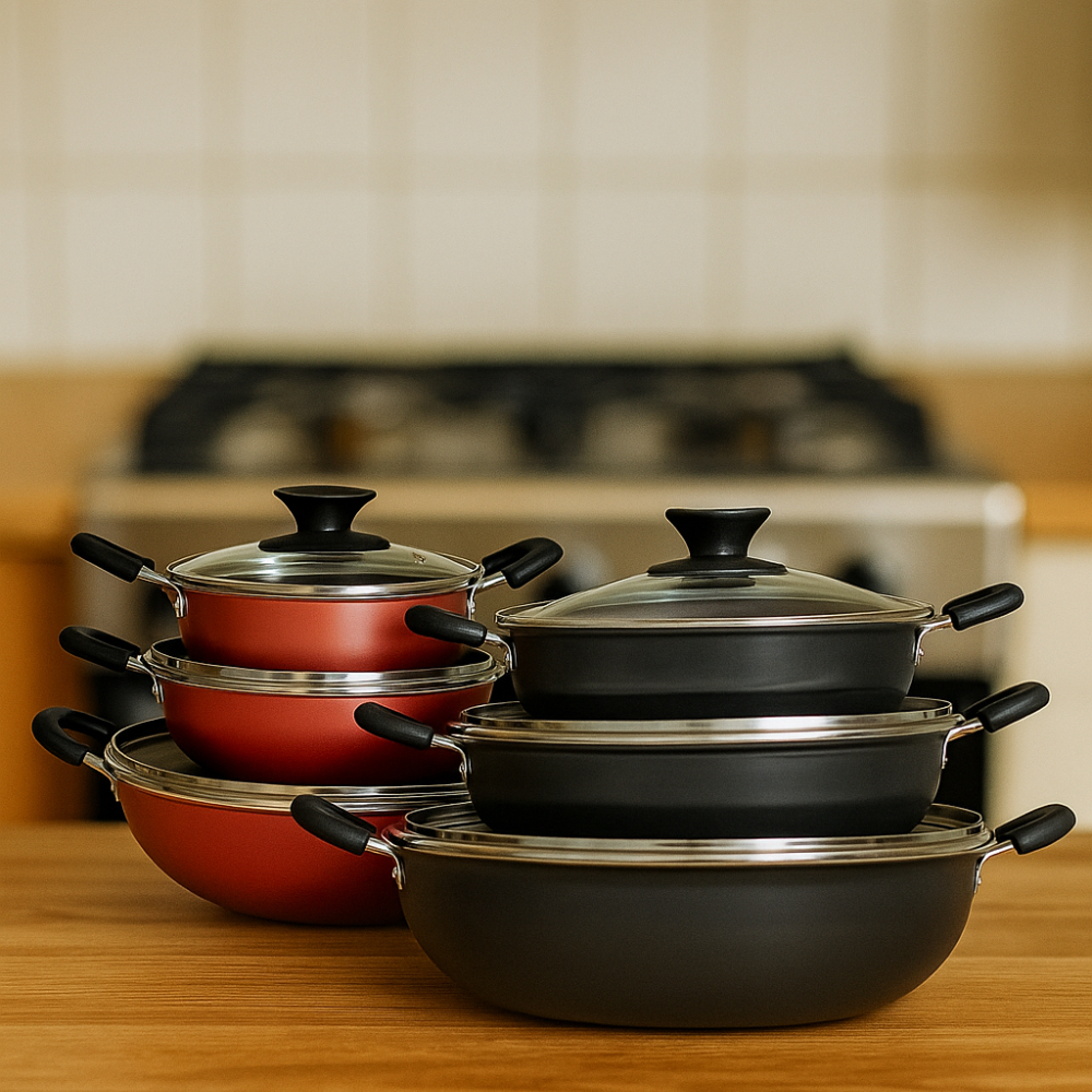 Conjunto Kit 3 Panelas Antiaderente Tampa Vidro Vermelha Preta Cozinha