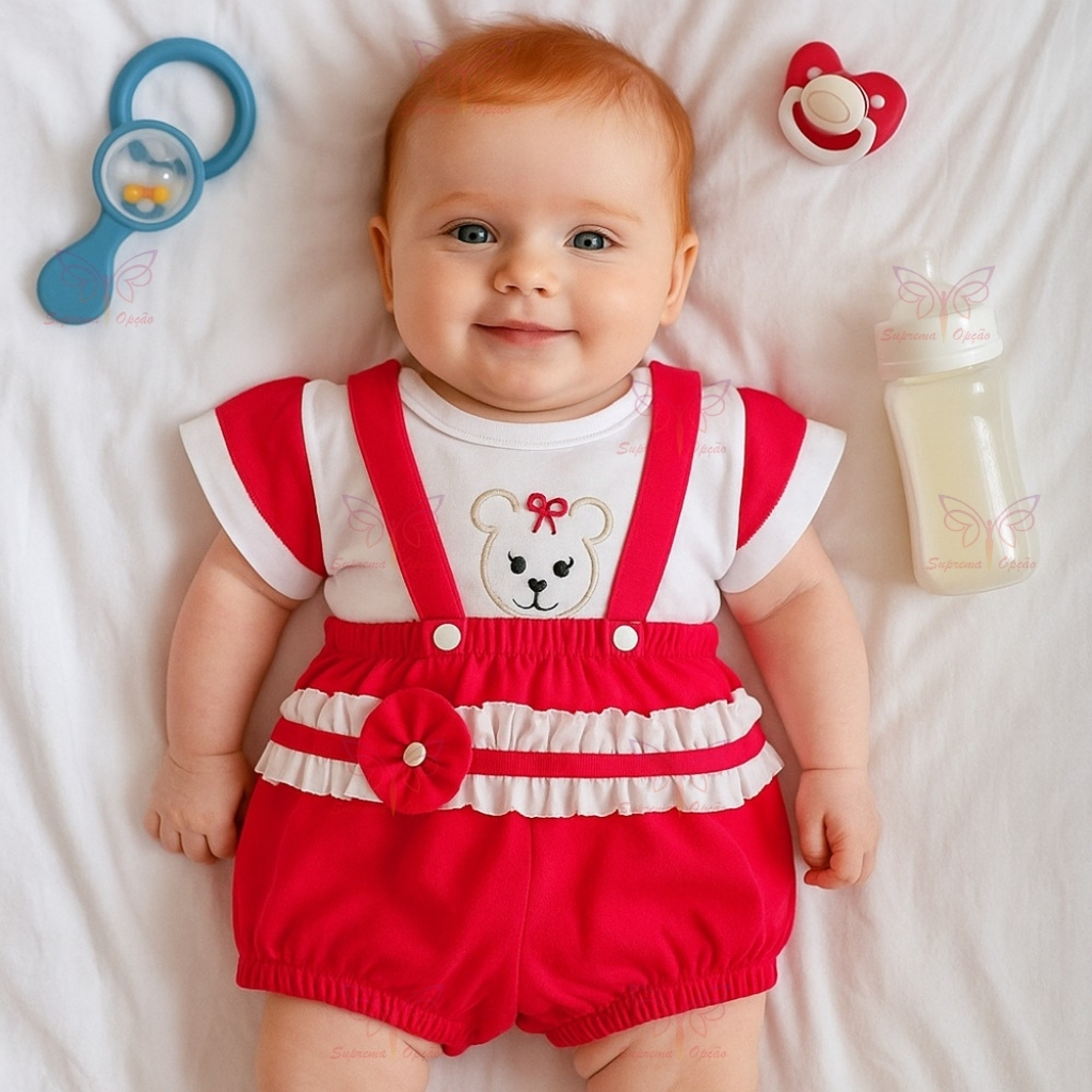 Conjunto Macacão Curto Jardineira + Camiseta Bordada Bebe Menina RN ou Bebê Reborn em Oferta na Shopee