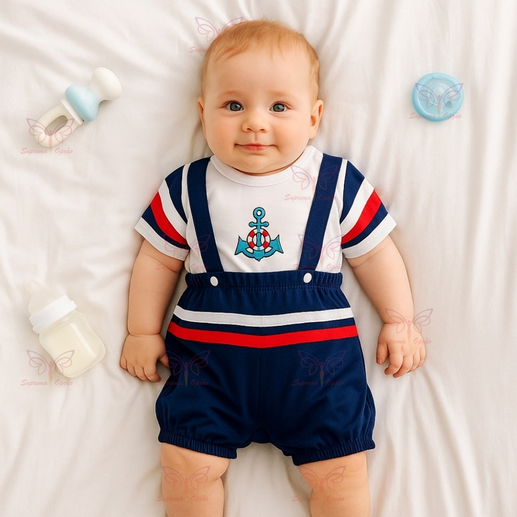 Conjunto Macacão Curto Jardineira Listrada + Camiseta Marinheiro Bebe Menino RN ou Bebe Reborn