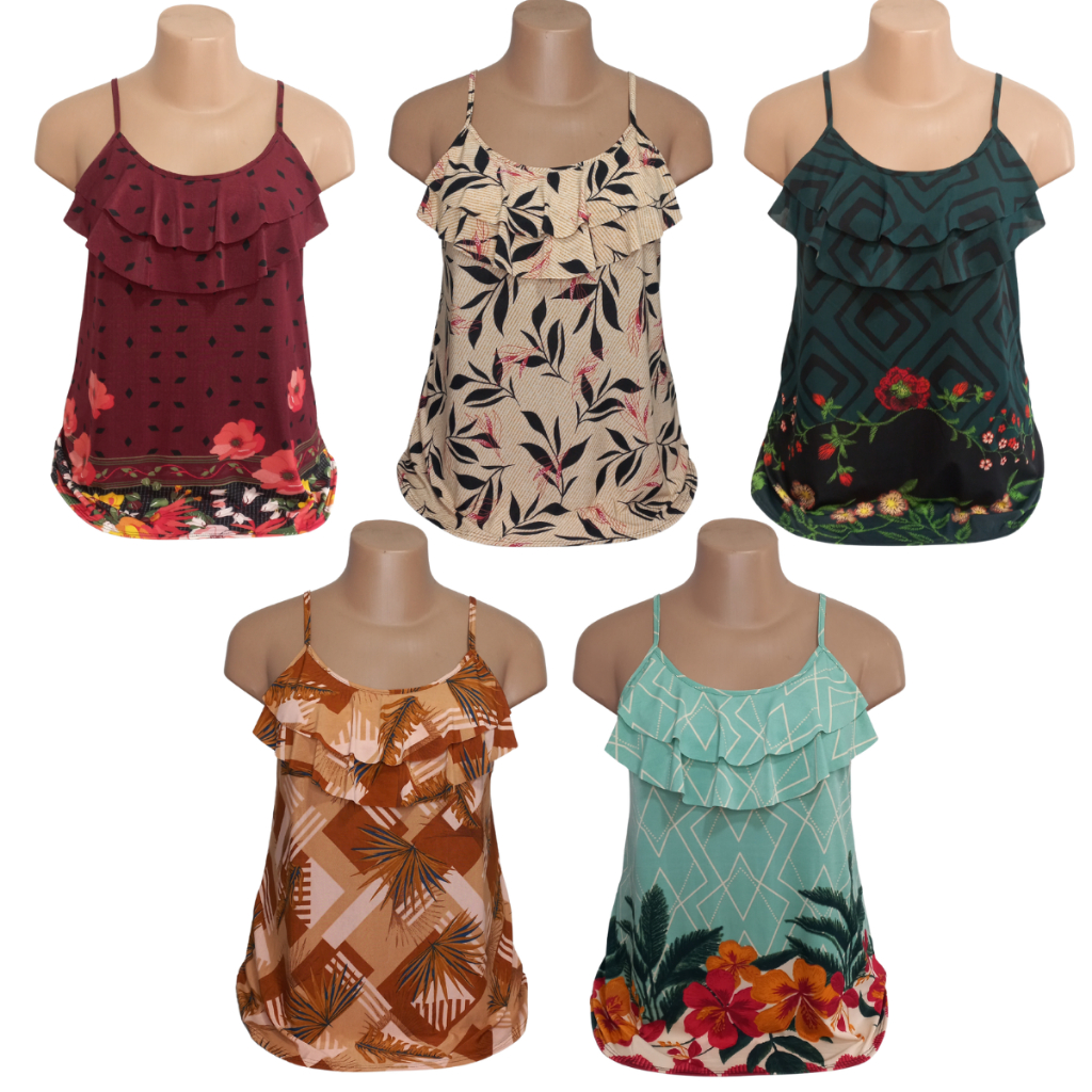 Kit 3 Regata Feminina  Babado Malha Fria Excelente Liganete Estampadas em Oferta na Shopee