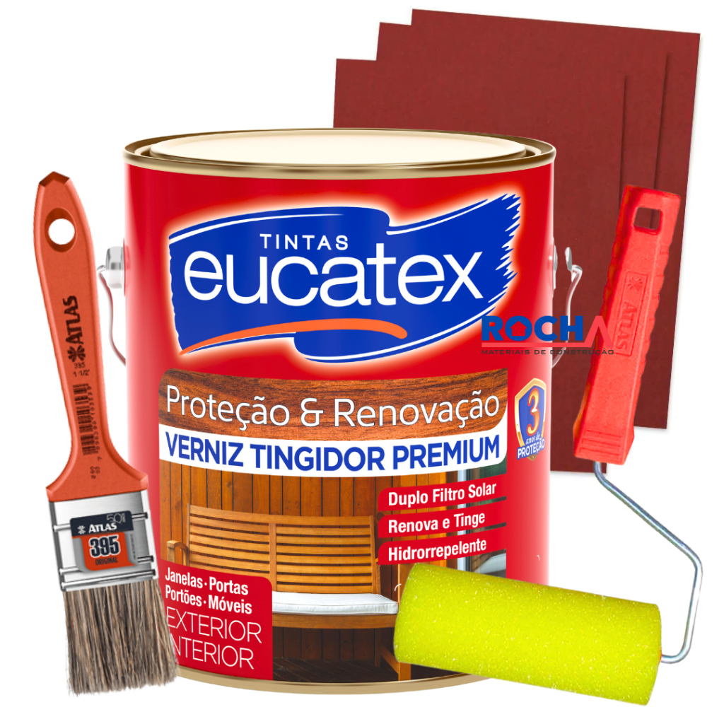 Kit Verniz Brilhante para Madeira Eucatex 3,6l ou 900ml + Pincel Rolo Lixa em Oferta na Shopee