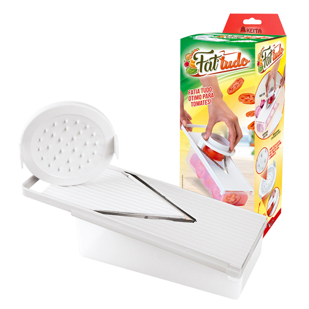 Fatiador Fatia Tudo-Tomate, Legumes, Frutas, Queijos, Verduras - Ajustável - Fatia + Finas ou + Grossas - Com Recepiente