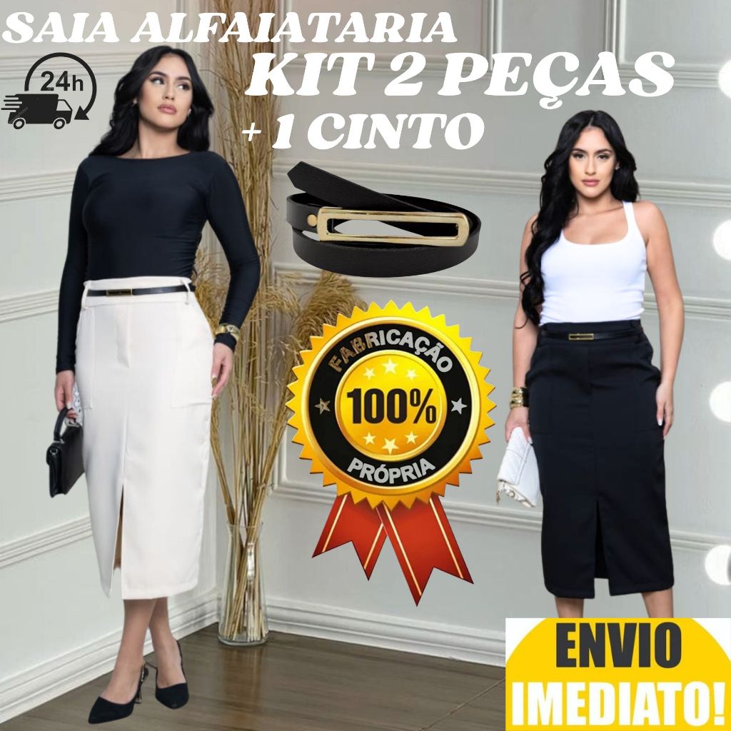 Kit 2 Saia Feminino Alfaiataria ACOMPANHA CINTO em Oferta na Shopee