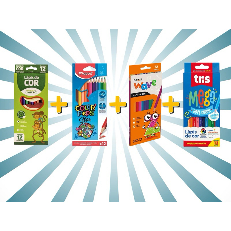 Kit com 4 Caixas de Lápis de Cor 12 Cores Cada – Bazze, Leo&Leo Eco, Maped e Triss 🎨
