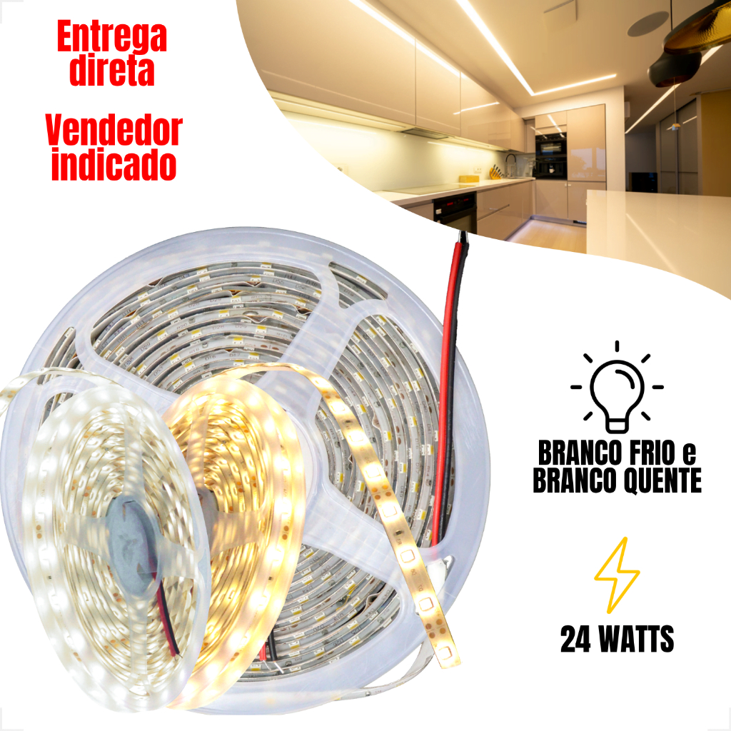 Fita led Branco Frio Quente 2835 60 Leds 5 Metros 24W 6500K 3000K 12V Escritório Teto Gesso Sanca