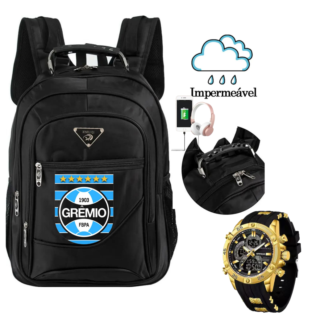 Mochila Masculina Time Gremio + RELOGIO DOURADO Grande OU Garrafa Térmica De Água 500M