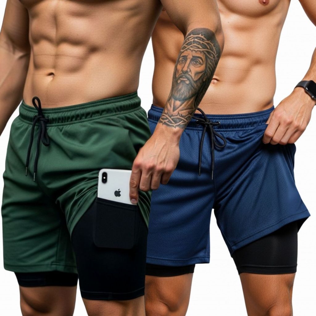 Kit Com Duas Bermudas Masculinas 2 em 1 Fitness – Performance Liberdade e Conforto para Treino e Academia