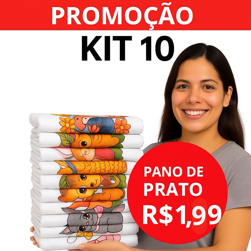 kit pano de prato estampado com 10 peças atacado 100% algodão bainha
