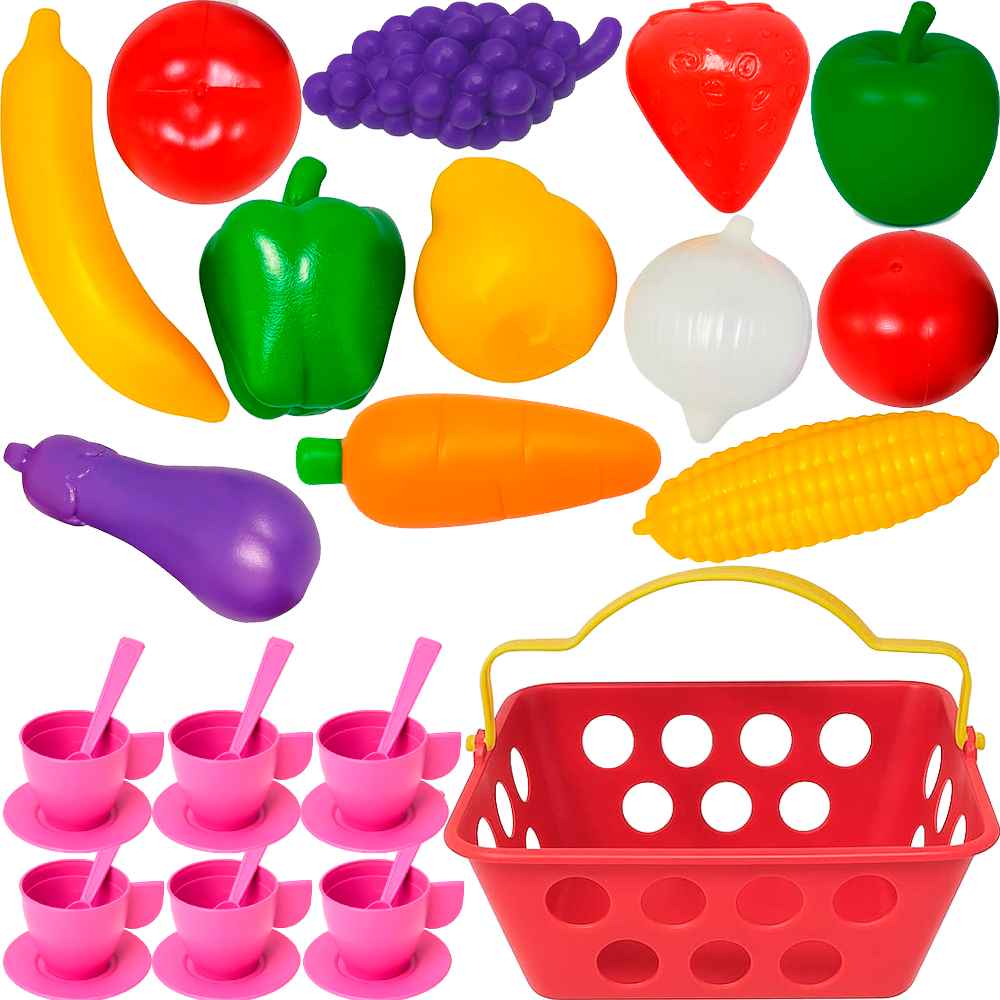 Kit Faz De Conta Brinquedo Chazinho Hora Do Café + Cestinha Toymaster Mercado