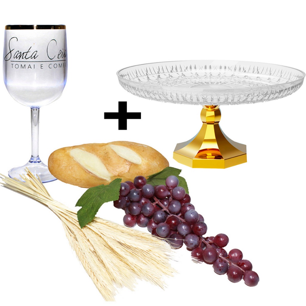 Kit Arranjo Santa Ceia Bandeja Pedestal Pão P Uva 24cm Taça e Trigo