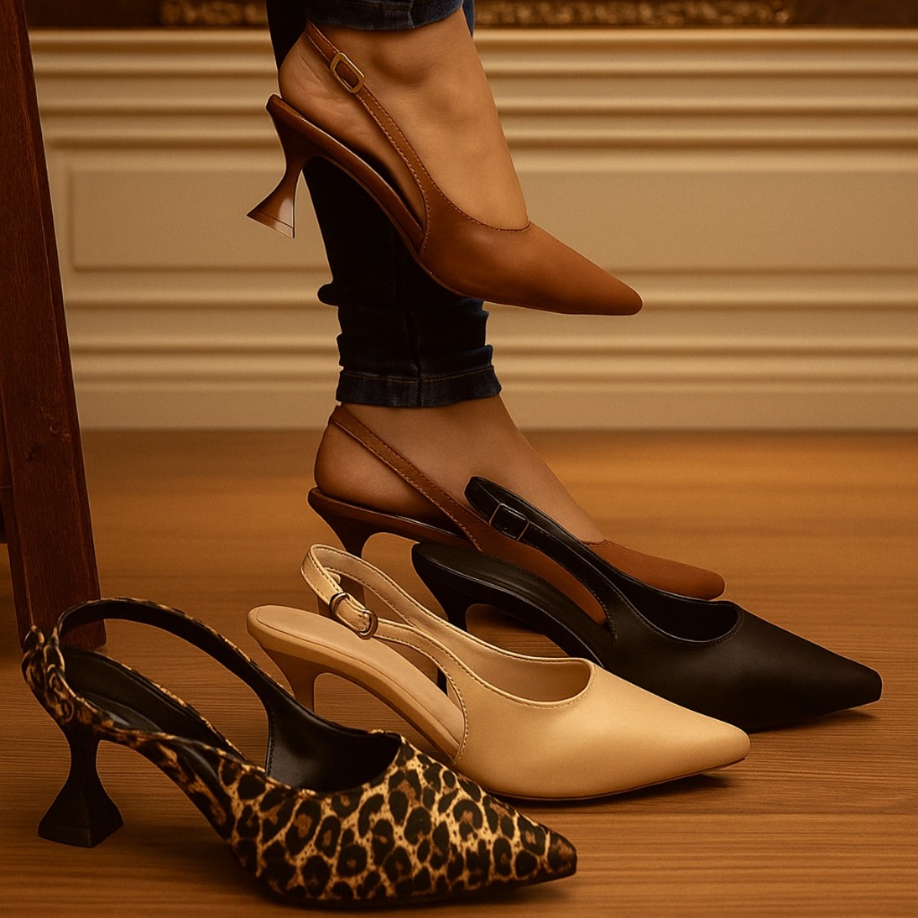 Scarpin Slingback Salto Taça Feminino Bico Fino Elegante Confortável Moda Festa Tendência Kirida Cal