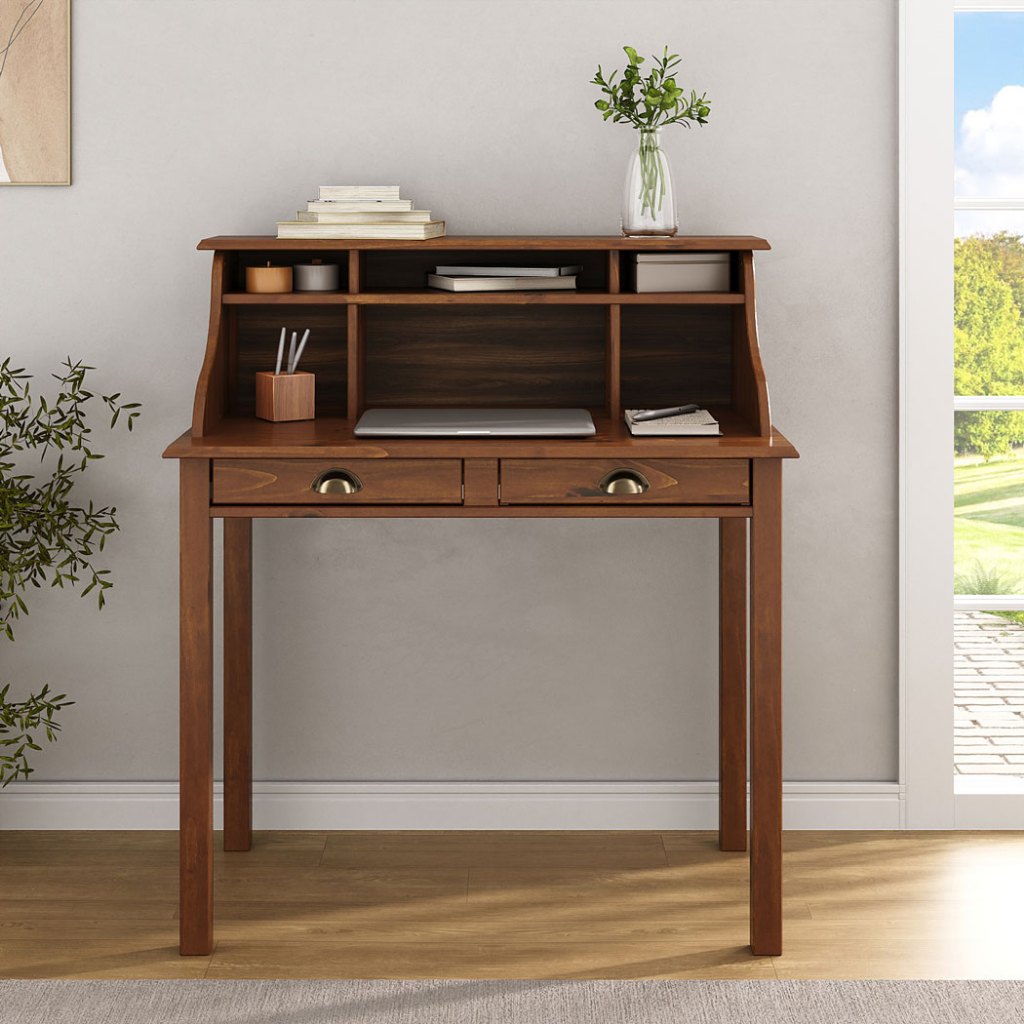 Escrivaninha Quarto Vintage 90 cm Compacta 6 Nichos Madeira Castanho Marlene em Oferta na Shopee