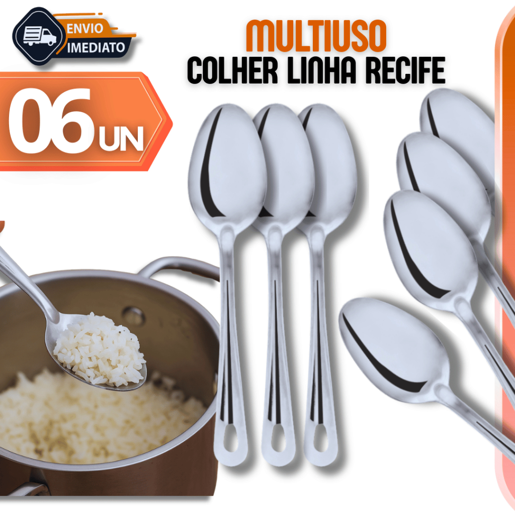 Conjunto  06 Colher Para Servir Arroz Grande Cabo Longo Aço Inox Para Cozinha e Restaurantes Variáveis