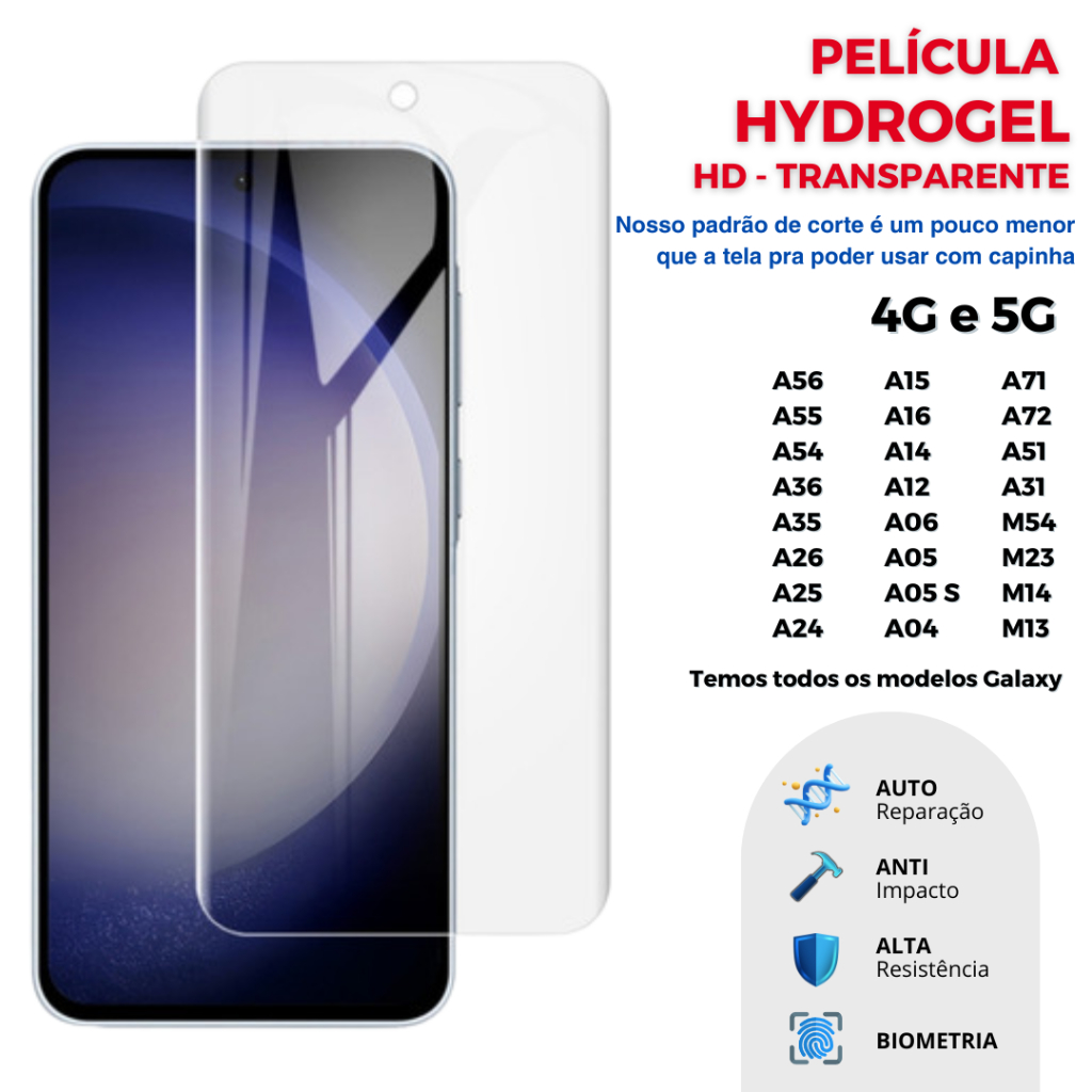 Película Hidrogel HD Transparente e Flexível para todos os modelos Samsung Galaxy A55, A06, A05, A56