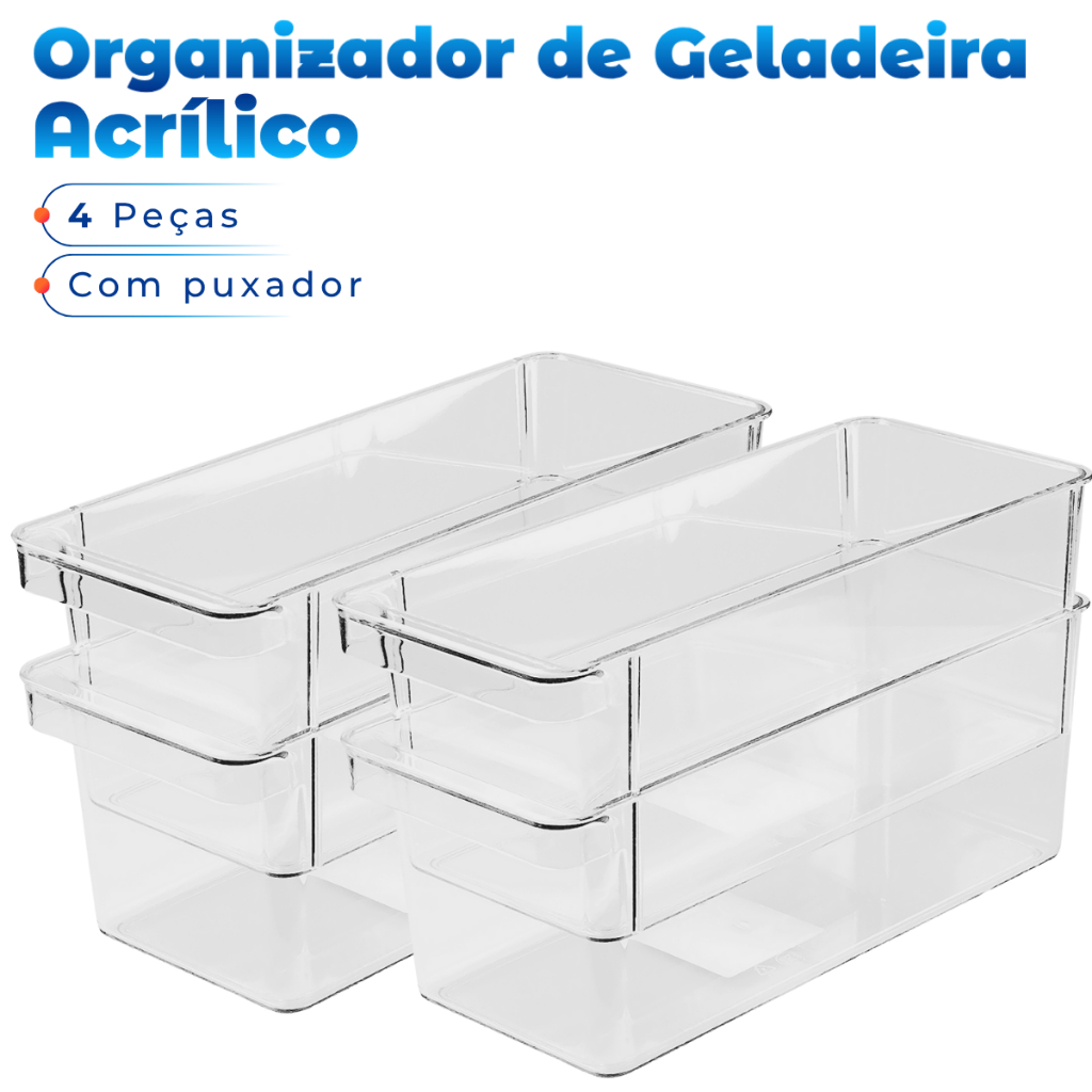 4 Organizador 26,8 x 11 x 10 Cristal Transparente de Geladeira Armário Cozinha Dispensa