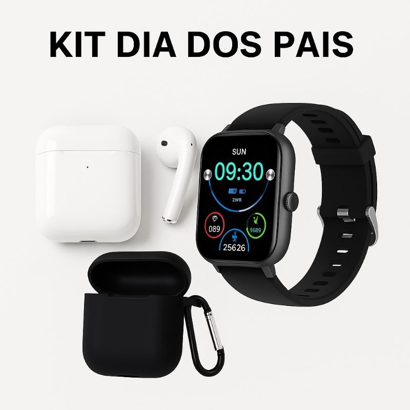 Kit Dia dos Pais Smartwatch  Fone Bluetooth Garrafa Térmica Presente Tecnológico e Esportivo