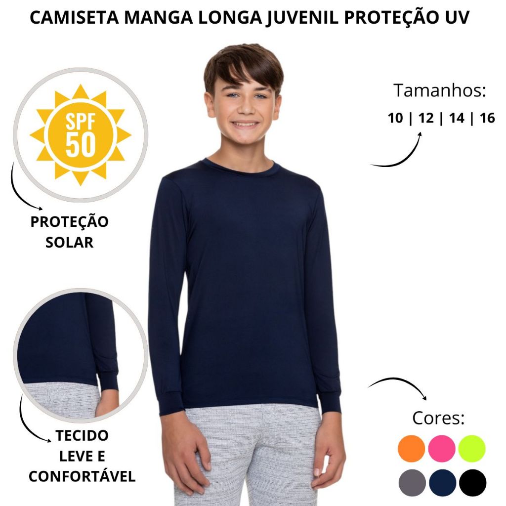 Camiseta Juvenil Menino Manga Longa UV50 Blusa Segunda Pele Proteção Solar Verão Calor Piscina