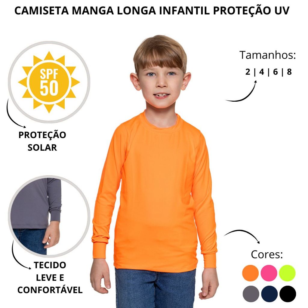 Camiseta Infantil Menino Manga Longa UV50 Blusa Segunda Pele Proteção Solar Verão Piscina Unissex