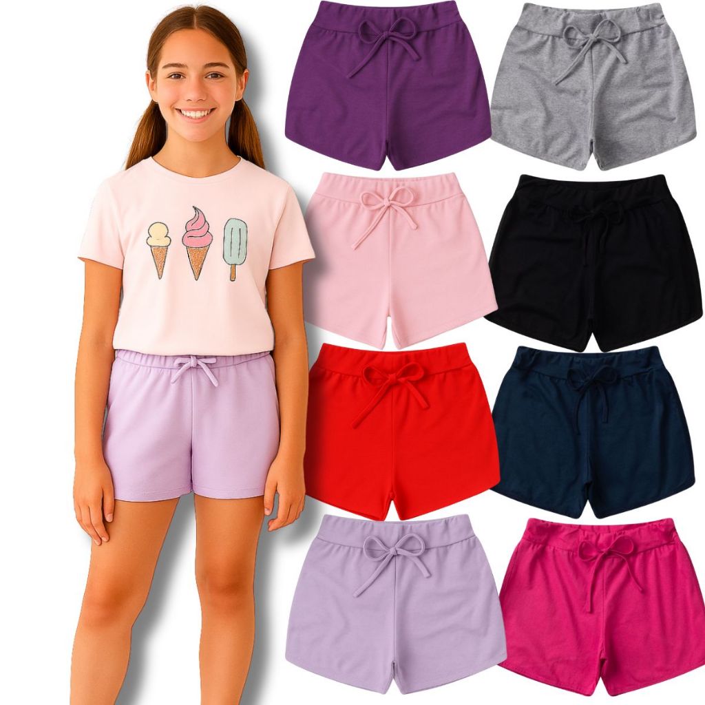 Kit 4 Shorts Infantil Feminino 4 ao 16 - Bermuda Juvenil Menina De Cotton - Short curto em Oferta na Shopee