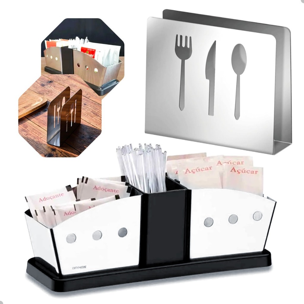 Kit Suporte Sachê Açúcar/ Sal e Paliteiro , Porta Guardanapo Aço Inox