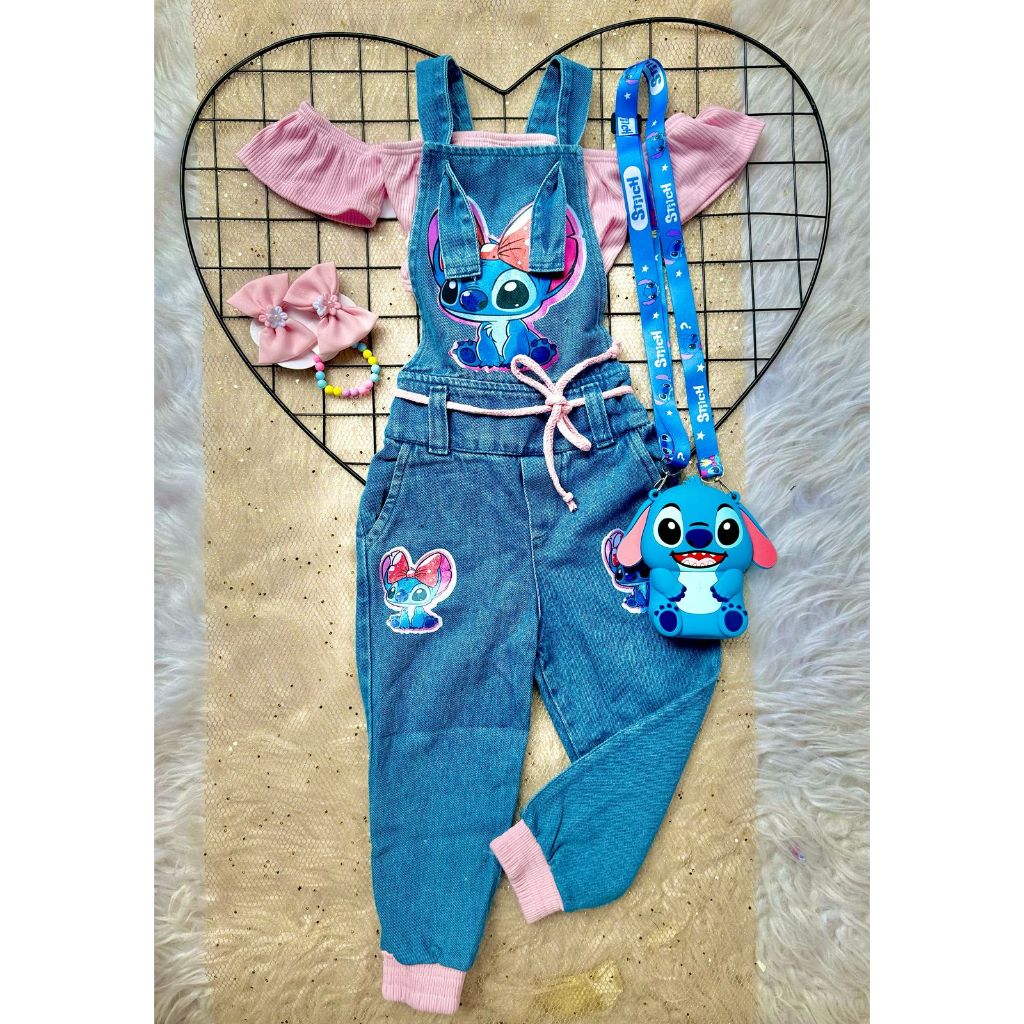 Conjunto infantil stich jardineira menina blogueirinha 3 peças