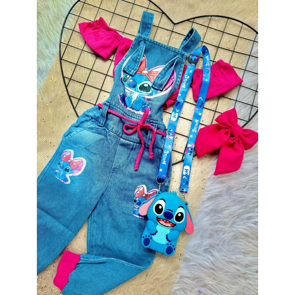 Conjunto infantil stich jardineira menina blogueirinha 3 peças