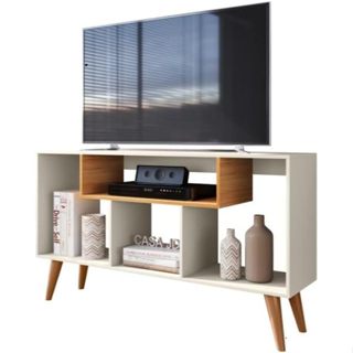QUEIMA DE ESTOQUE! Rack Bancada Tv 43 Pol. Sala Com Pés Retro ZAARAAAH- Off White em Oferta na Shopee