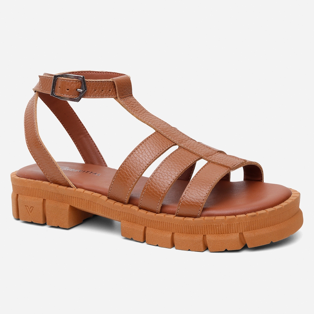 Sandália Feminina Vittal Couro Legítimo Fisherman Chloe Tratorada Palmilha Confort Caramelo em Oferta na Shopee