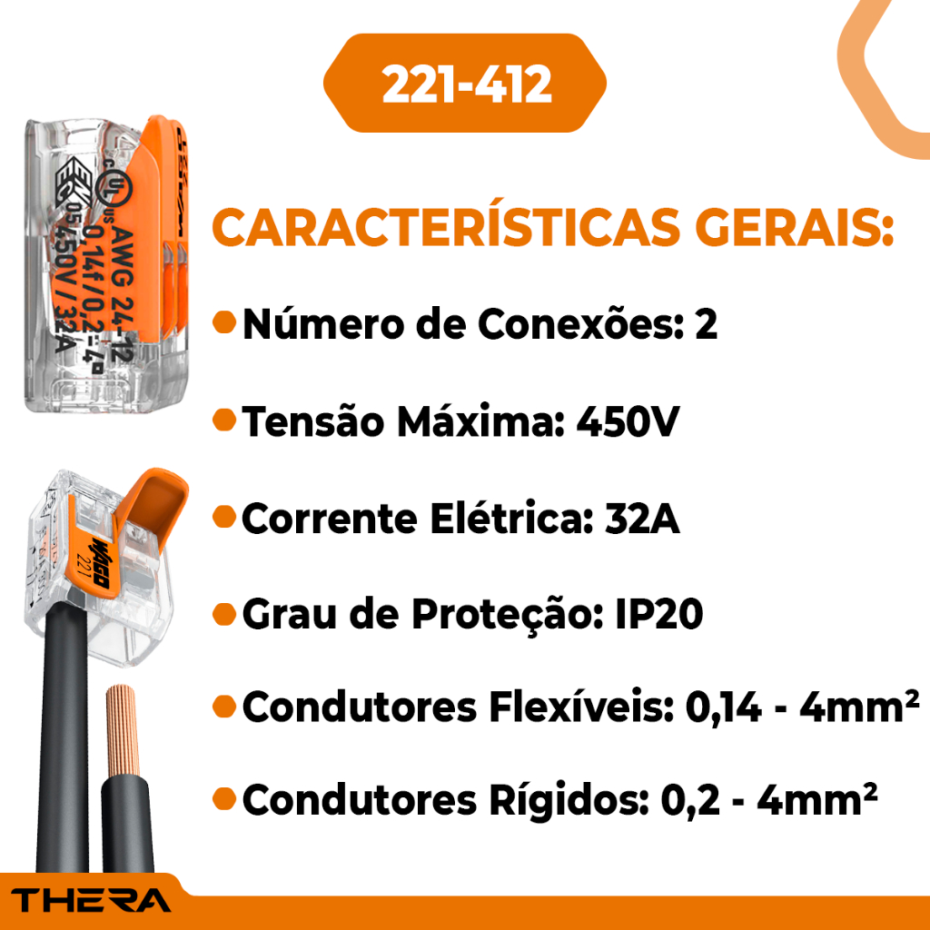 Kit 8 peças conector Wago original 221-412 emenda 2 polos 4mm² 32A conexão automática