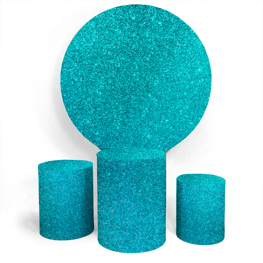 Kit Festa Painel Capa Decorativo Redondo E Trio Capa Cilindro Exclusivos Temática Glitter Azul Turquesa