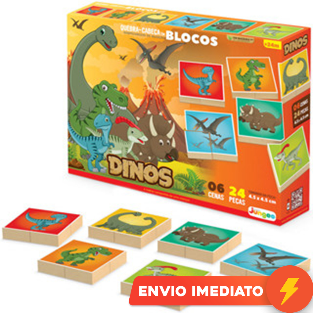 Jogo Quebra Cabeça Dinossauro 24 Blocos Madeira Educativo Infantil Brinquedo Raciocínio Lógico