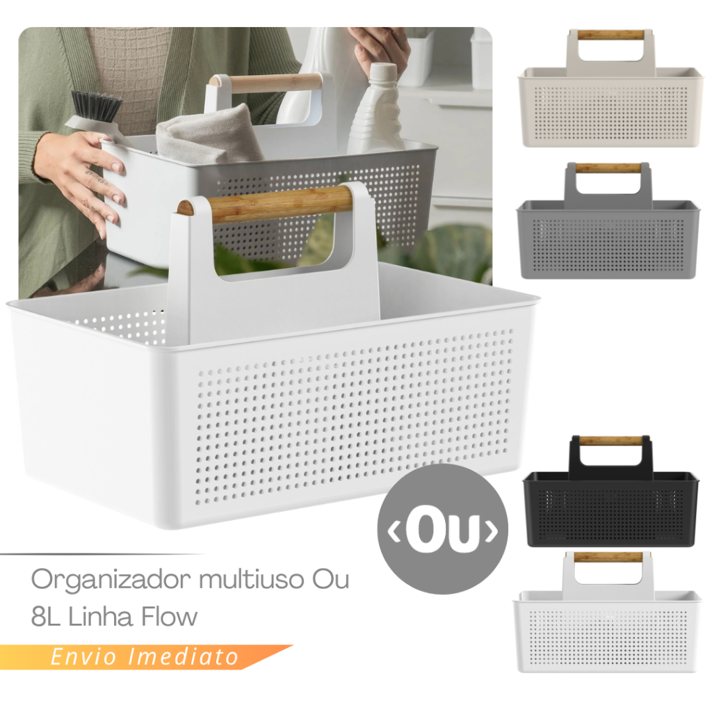 Cesto Organizador Multiuso com Alça Flow  Organizador de Lavanderia Com Alça 8L Multiuso Para Produtos de Limpeza Armári