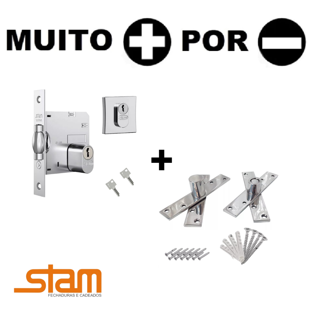 Kit Fechadura Rolete Stam 1005 Para Porta Pivotante Acabamento Inox + Dobradiça Pivotante 100kg inox