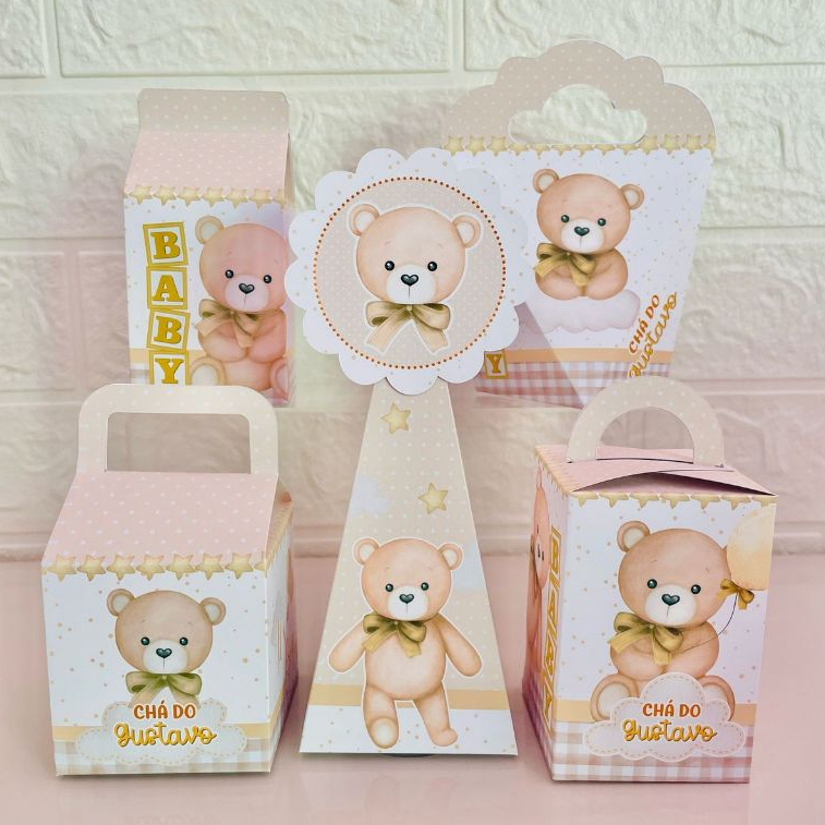 Kit caixas Chá de Bebê ursinho dourado, personalizados chá Revelação Menino Dourado Neutro Ursinho, PEGUE E MONTE