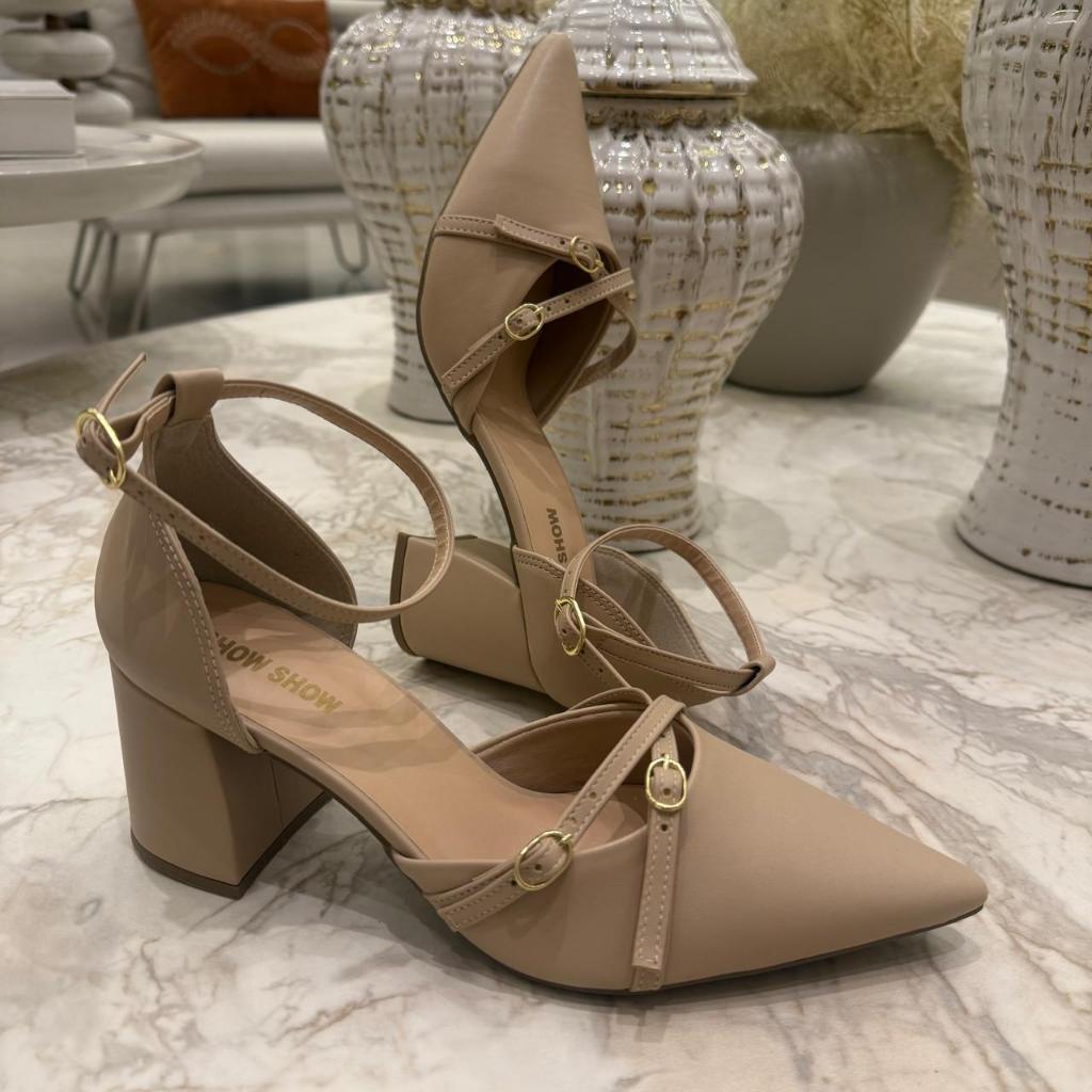 Slingback Scarpin de fivelinha Sapato Feminino De Bico Fino, Salto Grosso