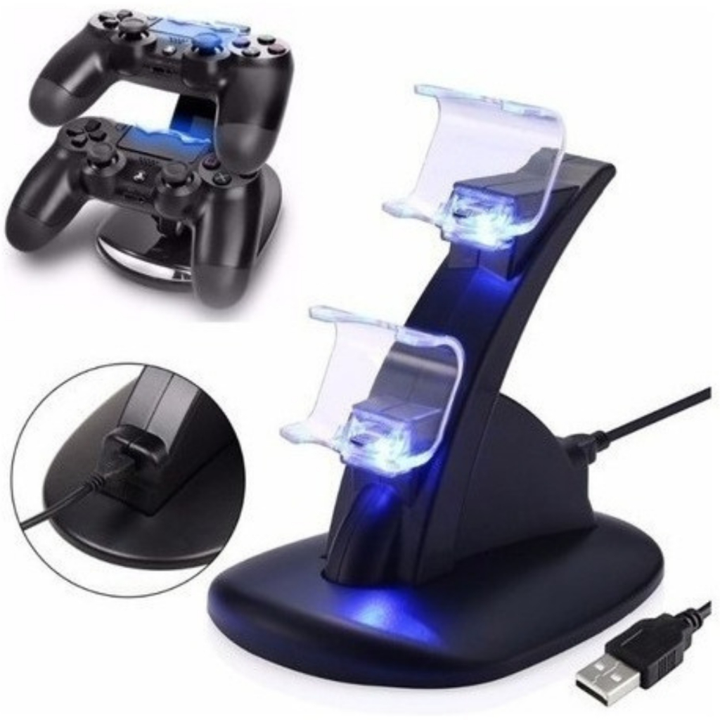 Base Carregador Para Controle Sem Fio Compatível Ps4 Suporte Duplo Vertical Playstation Com Led Usb