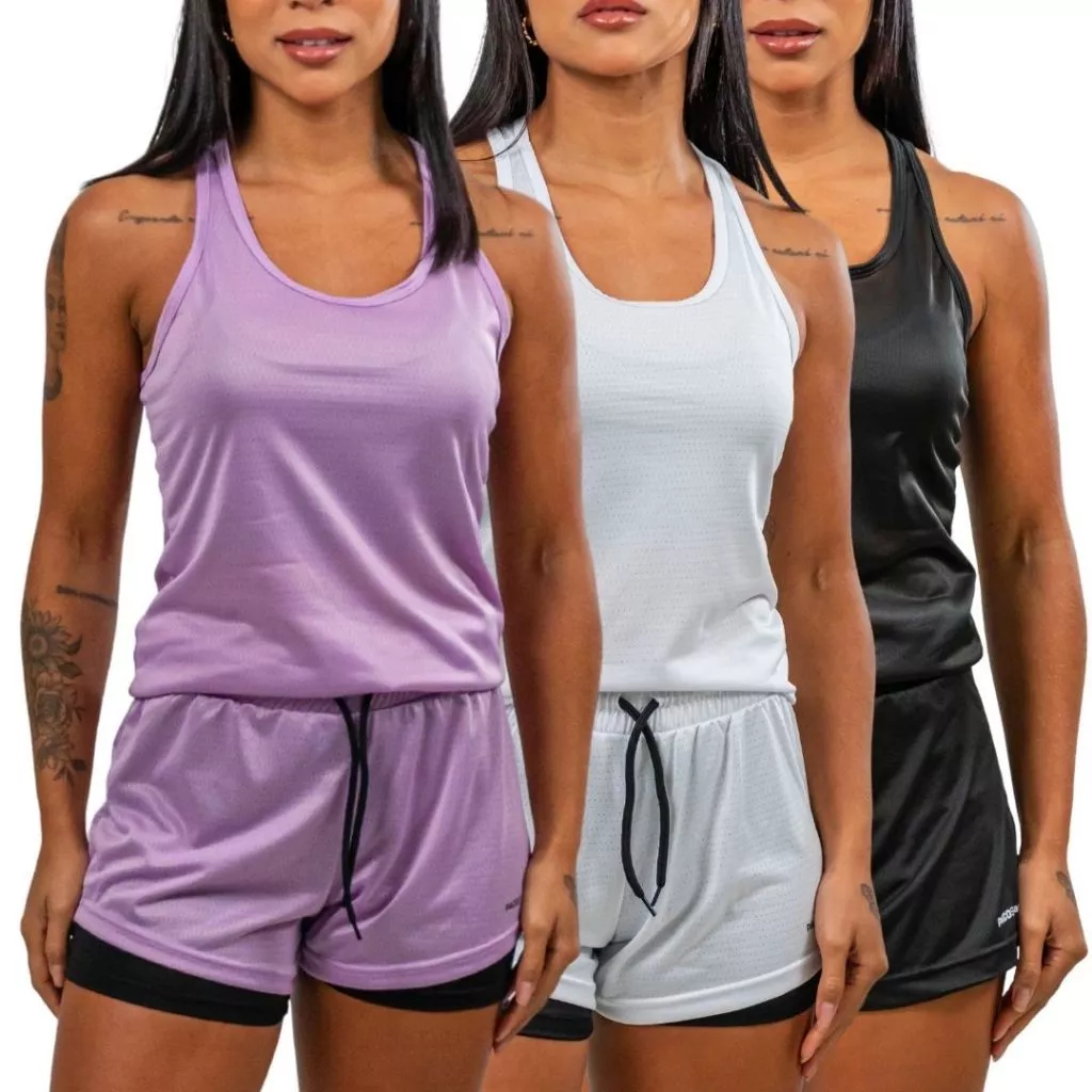 KIT3 Conjuntos Academia Feminino Regata Nadador+Short Duplo pra Musculação com Bolso Oculto pra Fone — imagem 1
