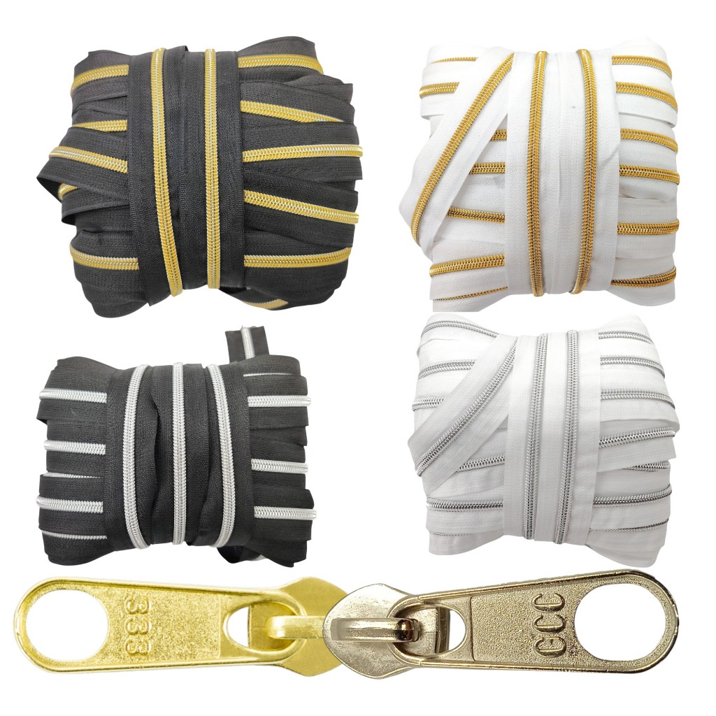 Kit Zíper Nylon Metalizado Nº 5 Preto 10 M e Cursor 25 und Kit Zíper Nylon Metalizado Nº 5 Preto 10 M e Cursor 25 und