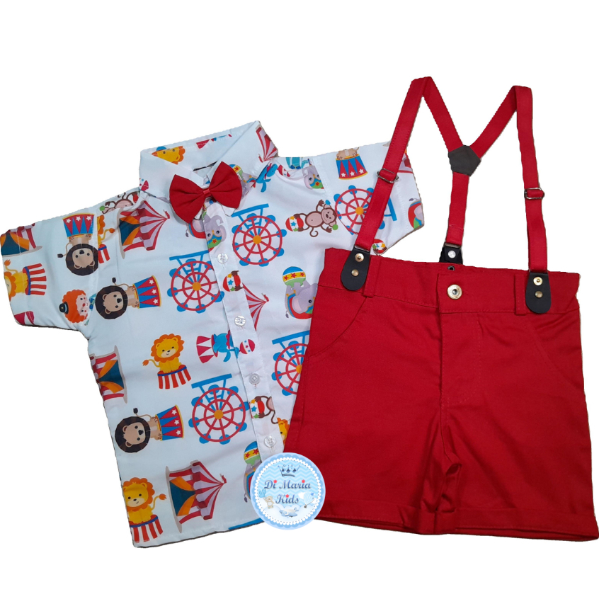 Conjunto Temático Circo Camisa Short Suspensório Gravata Roupa bebe menino festa infantil personagem