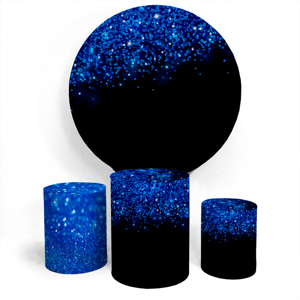 Kit Festa Painel Capa Redonda Ilustrativa E Capa Cilíndro Comemoração Glitter Azul Com Preto