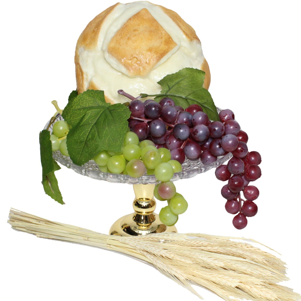 Kit Arranjo Santa Ceia Bandeja Pedestal Prata, Rose ou Dourada Pão Uvas e Trigo
