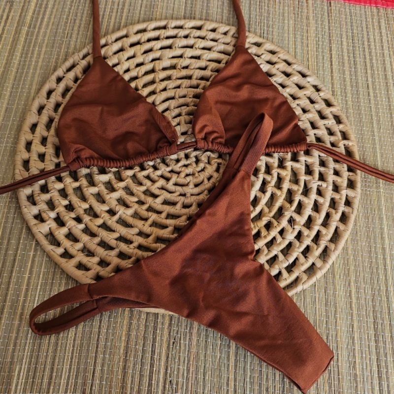🔥 Biquíni Cortininha + calcinha marquinha  de fita bronze Marrom Chocolate | perola  | preto ,Tecido Premium 🔥